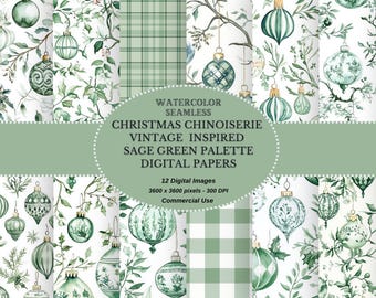May include: Twelve digital papers featuring a sage green color palette with a vintage inspired Christmas chinoiserie theme. The papers feature a variety of patterns including ornaments, plaid, and floral designs.