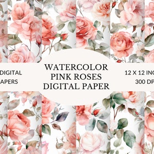 May include: Twelve digital papers featuring watercolour pink roses on a white background. Each paper is 12 x 12 inches and 300 DPI.