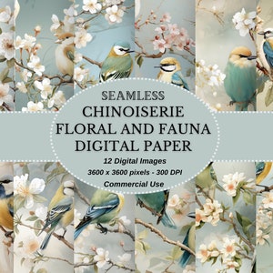 Elegant Chinoiserie Digital Paper with Finch and Oriental Flora - Instant Download for Invitations and Stationery