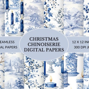 Op Kerstmis Chinoiserie geïnspireerde blauwe en witte Chinoiserie Kerstmis omvat kersttaferelen, kersthulst en kerstkaarsen