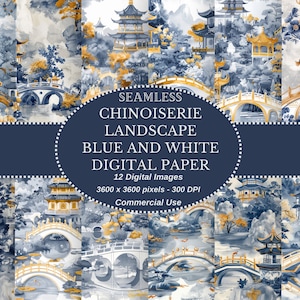 Chinoiserie Digital Paper, Oriental Digital Paper, French inspired Chinoiserie Landscape Dark Blue and White Paper for instant download