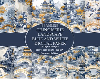 Chinoiserie Landscape Digital Paper: Blue & White Oriental Design (Digital Download)