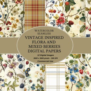 Conjunto de papel digital vintage inspirado em frutas vermelhas e flora, conjunto de papel digital floral shabby chic sem costura, papel para scrapbook