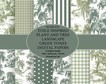Toile Digital Paper Set: Green Vintage Landscape, Shabby Chic (Instant Download)