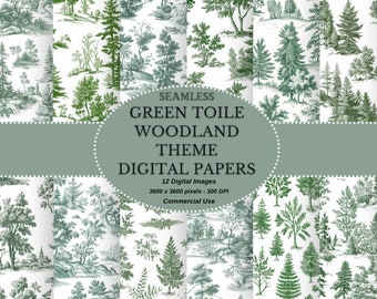 Green Toile Woodland Digital Paper: Seamless JPEG (Digital Download)