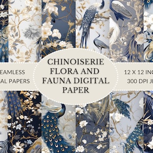 Elegant Chinoiserie digitaal papier met pauw, kraanvogel en oosterse flora - Direct downloaden voor uitnodigingen en briefpapier