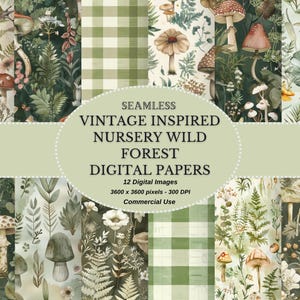 Papeles digitales de decoración de guardería con inspiración vintage y diseño de bosque salvaje, juego de papeles para álbumes de recortes Shabby Chic sin costuras con paleta verde, descarga digital
