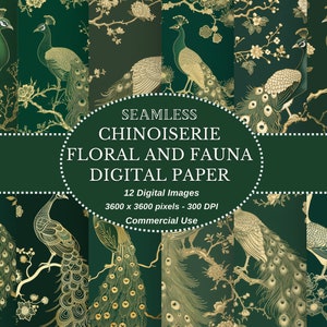 Elegant Chinoiserie groen en goud digitaal papier met pauw en oosterse flora - Instant Download voor doe-het-zelf ambachten en projecten