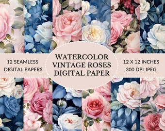 Floral Pink Roses Digital Paper Background Pattern, Pink and Blue ...