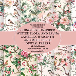 Op chinoiserie geïnspireerd digitaal papier met winterflora en fauna in pastelkleur - Shabby Chic digitaal papier plakboek Junk Journal Papers