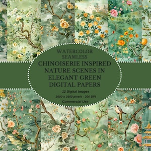 Papel digital vintage inspirado em chinoiserie com cenas florais da natureza em verde - Shabby Chic Digital Download Scrapbook Junk Journal Papers