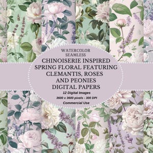 Papeles digitales florales vibrantes inspirados en la cultura china: colección digital imprimible de primavera con motivos shabby chic para guarderías