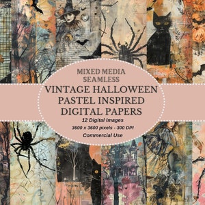 Vintage Halloween Pastell Muster Digitaler Download Nahtloser Halloween Hintergrund Digitale Kunst Collage für gruselige Bastelarbeiten