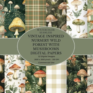 Vintage-inspirierte Wald Boden Botanicals Kinderzimmer Dekor Digitales Papier-Set, Grüne Palette Seamless Shabby Chic Scrapbook Papiere