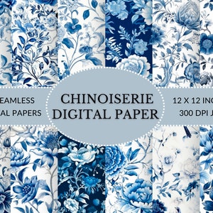 Chinoiserie Digital Paper, Oriental Digital Paper, French inspired Chinoiserie Blue and White Paper for instant download