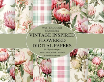 Vintage Watercolor Inspired Flowered Papers - Artful Cottagecore in Sage Green and Pink Palette - Digital Download for DIY Projects