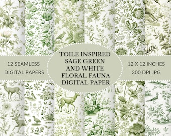 Toile Inspired Sage Green and white floral and fauna seamless digital download, Printable digital paper in JPG format for instant download