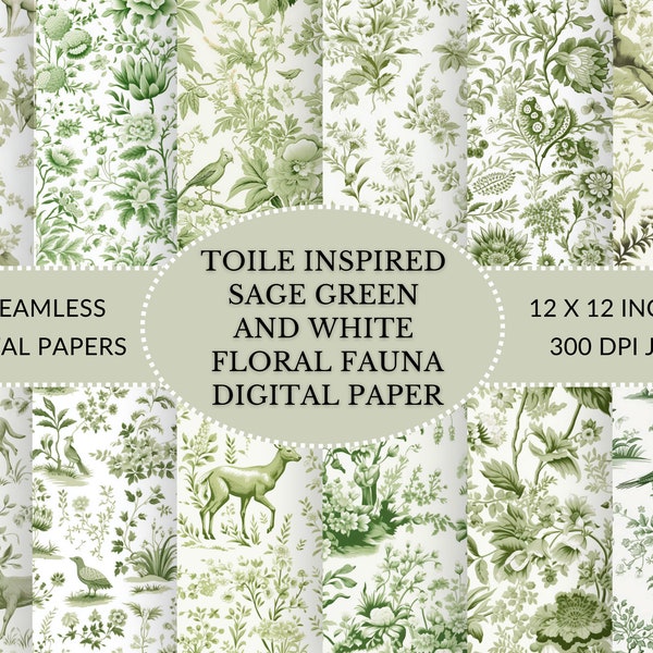 Toile Inspired Sage Green and white floral and fauna seamless digital download, Printable digital paper in JPG format for instant download