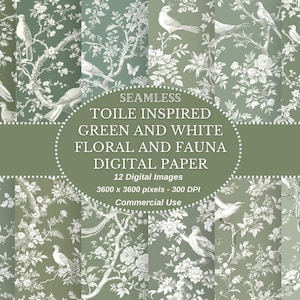 Toile Inspired Download digitale senza soluzione di continuità floreale e fauna verde e bianca, carta digitale stampabile in formato JPEG per il download immediato