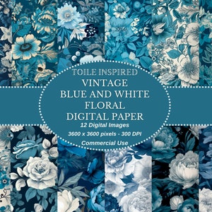 Toile Inspired Blue and white floral vintage seamless digital download, Printable digital paper in JPG format for instant download