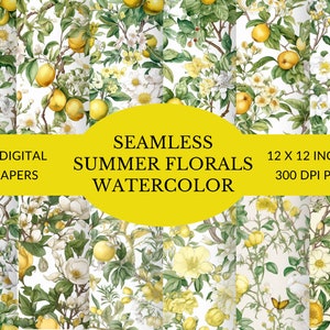 夏の花の水彩デジタルペーパー、印刷可能な黄色と白の花と果物、12 x 12 インチ、jpg 形式、300 dpi