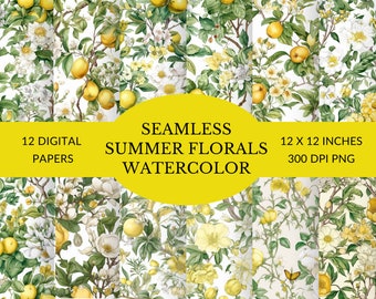 Sommer Blumen Aquarell digitales Papier, druckbare gelbe und weiße Blumen und Früchte, 12 x 12 Zoll im jpg Format, 300 dpi