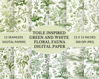 Toile Inspired Green and white floral and fauna seamless digital download, Printable digital paper in JPEG format for instant download