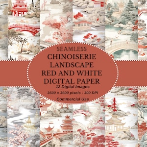 Chinoiserie digitaal papier, Oosters digitaal papier, Frans geïnspireerd Chinoiserie landschap rood en wit papier voor onmiddellijke download