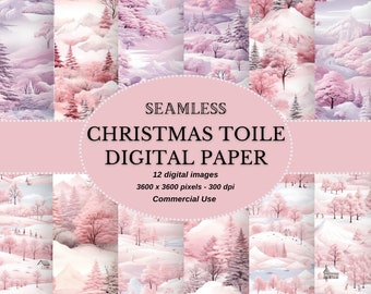 Christmas Toile Digital Paper: Pink Winter Landscape for DIY Projects, Pink Toile Seamless Patterns for Commercial Use