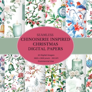 Op kerstchinoiserie geïnspireerd Levendige pastelkleurige chinoiserie kerst inclusief kersthulst, kerstversieringen digitaal plakboek