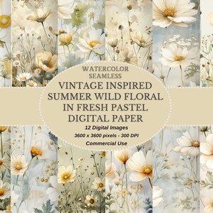 May include: A digital paper pack with 12 seamless watercolour patterns featuring vintage inspired summer wild floral in fresh pastel colours. The patterns are 3600 x 3600 pixels and 300 DPI.  Commercial use is allowed.