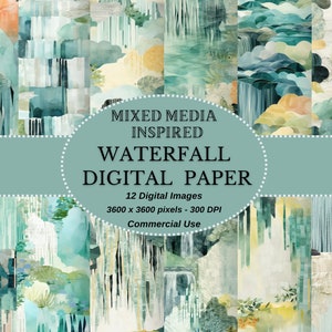 Può includere: Una collezione di 12 immagini digitali con disegni di cascate ad acquerello nei toni del blu, verde e giallo. Il testo sull'immagine recita "MIXED MEDIA INSPIRED WATERFALL DIGITAL PAPER". Le immagini sono di 3600 x 3600 pixel.