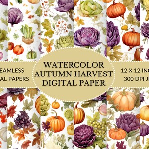 Paquete de papel digital de cosecha de otoño inspirado en damasco de acuarela - Fondos temáticos de otoño para manualidades y diseño para descarga instantánea