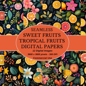 Techniques mixtes colorées, motifs de fruits sucrés sans couture - Papier numérique sans couture de fruits tropicaux pour projets de bricolage et usage commercial autorisé