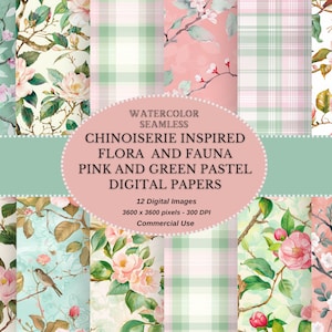 Chinoiserie geïnspireerd digitaal papier Flora en Fauna in roze en groene pastel - Shabby Chic Digitale Download Scrapbook Junk Journal Papers