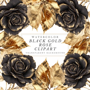 Aquarela Black Gold Rose Clipart com Gold Glitter Circe e elementos de folha de ouro em formato PNG para download instantâneo