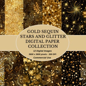 Coleção elegante de papel digital de lantejoulas - Ideal para artesanato de véspera de Ano Novo e projetos DIY - Inclui estrelas e brilhos, uso comercial