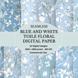 Toile Geïnspireerd Baby Blauw en Wit Bloemen Naadloze Digitale Download - DIY-projecten en Commercieel Gebruik - Sneeuwklokje Bloemen als Focal Flower