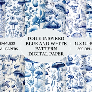 Toile Inspired Download digital contínuo em azul e branco, com elementos de cogumelo, floral e folhagem Papel digital para impressão download instantâneo