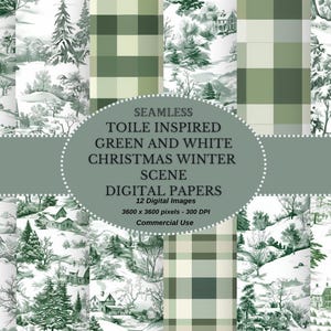 Pacchetto di carta digitale Christmas Toile - Scene invernali verdi e bianche con motivi senza soluzione di continuità, download digitale, carte natalizie stampabili in formato JPEG
