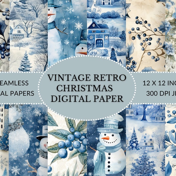 Printable Blue and White Christmas Digital Paper: Downloadable Vintage Retro Christmas Junk Journal Papers, Perfect for DIY Festive Projects