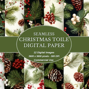 Carta digitale Toile natalizia, carta digitale senza cuciture Toile verde e bianca, carta digitale stampabile, uso commerciale consentito