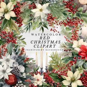 Vintage Red Christmas Clipart: Retro-stijl decembermaandbloemen voor doe-het-zelfprojecten, downloadbare kerstillustraties in digitaal PNG-formaat