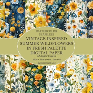 Sommer Wildblumen Floral Dekorierte Papiere: Aquarell Nahtloses Vintage Inspiriertes Digitales Papier in einer Frische Palette - Perfekt für DIY Handwerk