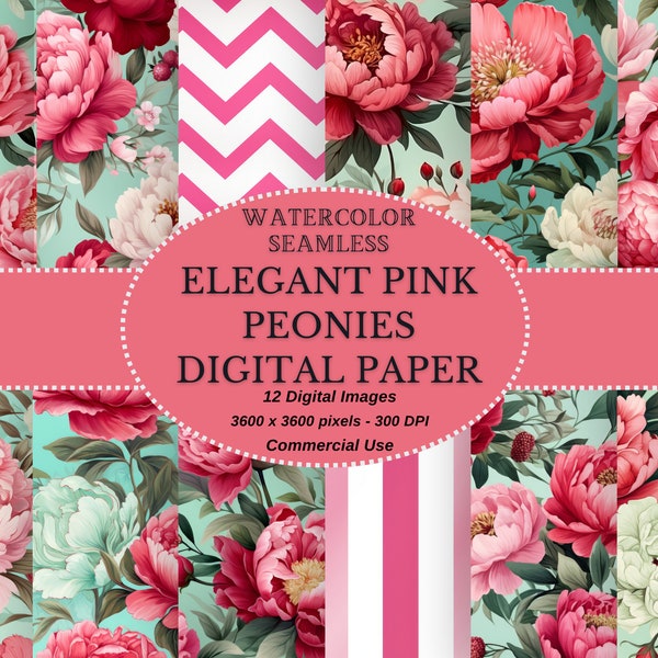Elegant Pink Peonies and Flowered Papers: Seamless Digital Floral Patterns for Commercial Use - Perfect for DIY Projects and Weddings