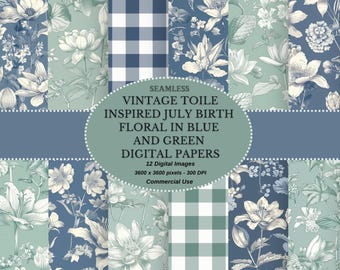Blue Green Toile Floral Digital Paper: Shabby Chic Scrapbook (Digital Download)