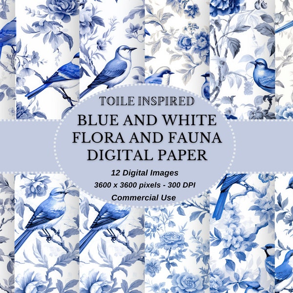 Toile Inspired Blue and white floral and fauna seamless digital download, Printable digital paper in JPEG format for instant download