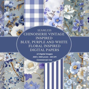 Chinoiserie Blue and White Floral Digital Paper - Vintage French Inspired Design Instant Digital Download