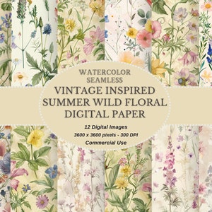 Op de afbeelding: Twaalf digitale papierontwerpen met aquarel illustraties van vintage-geïnspireerde zomerwilde bloemen in tinten roze, geel, blauw en groen op een crèmekleurige achtergrond. De tekst "WATERCOLOR SEAMLESS VINTAGE INSPIRED SUMMER WILD FLORAL DIGITAL PAPER" wordt weergegeven op de afbeelding. De tekst "12 Digital Images 3600 x 3600 pixels - 300 DPI Commercial Use" wordt ook weergegeven op de afbeelding.