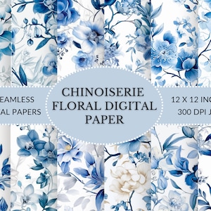 Chinoiserie Digital Paper, Oriental Digital Paper, Oriental Floral in Blue and White Paper for instant download